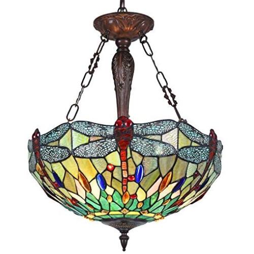 Capulina Dragonfly Design Tiffany Dining Table Lights, 3-Light Hanging Tiffany Style Lamp, 18.3 Inch Wide Stained Glass Dining Room Lights, Pendant Lights, Tiffany Hanging Light