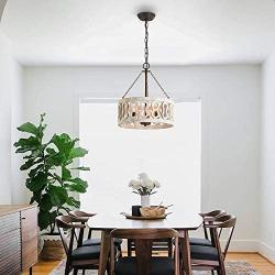 Distressed White Farmhouse Wood Chandelier, Wood Durm Pendant Lighting for Kitchen, Dining Room, Living Room