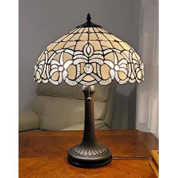 Amora Lighting Tiffany Style Table Lamp Banker 24'' Tall Stained Glass White Grey Jeweled Beads Vintage Antique Light Décor Living Room Bedroom Handmade Gift AM293TL16B