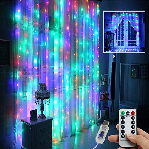 Multi-Color Curtain Lights String,9.8x9.8Ft 300 LED Hanging Fairy Lights for Bedroom Christmas Wall Decor, IP64 Waterproof & 8 Modes Lights