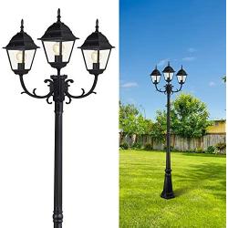 CINOTON Outdoor Lamp Post Light Surface-Mount, Waterproof Outdoor Street Light with Triple-Head, Landscape Post Lighting for Backyard, Patio, Garden|Black Light Pole with Clear Glass Panels