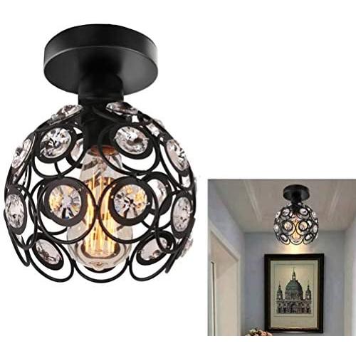 Semi Flush Mount Ceiling Light Fixture, Antique Black Metal Crystal Chandelier Lamp, Indoor Lighting for Bathroom Fixture Foyer Ceiling Fixture Hallway Lighting Fixture