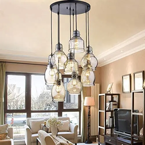 SAM Vintage Kitchen Chandelier, 8-Lights Island Cognac Glass Cluster Pendant Chandelier Antique, Antique Black Finish Ceiling Lights for Dining Room, Cafe, Bar