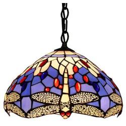 LITFAD Vintage Tiffany Style Pendant Light Colorful Dragonfly Glass Lamp Shade in Dome Shaped, 12'' Wide Pendant Lamp Highlights Art Decoration Chandelier for Kitchen Dining Room Barn Restaurant - A