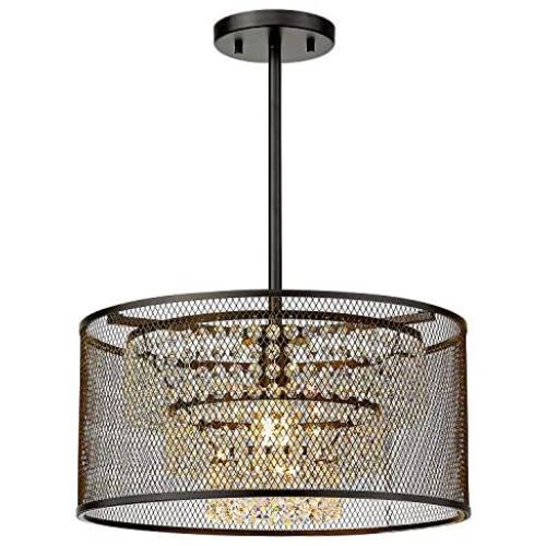 Industrial Crystal Pendant Ceiling Light Fixture, LMS 15'' Metal Hanging Pendant Light Fixture in Oil Rubber Bronze Finish, Modern Crystal Chandelier for Dining Room, Bedroom, Foyer, Kitchen, LMS-034