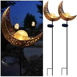 Solar Garden Stake Lights, Crackle Glass Globe with Hollowed-Out Metal Moon Molded,Solar Led Landscape Lights, Outdoor Waterproof Automatic On/Off Solar Powered Yard, Patio,Deck,Lawn Lighting Decor