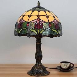 Bieye L10639 Tulip Flower Tiffany Style Stained Glass Table Lamp Night Light with 12 inches Wide Lampshade Metal Base for Bedside Bedroom Living Room, 18 inches Tall