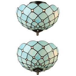 LITFAD Tiffany Style LED Ceiling Lamp Mediterranean Sea Blue Pattern 11 Inch Semi Flush Mount Ceiling Light Pendant Lighting for Dining Room Bedroom Hotel Corridor - 11'' (28 cm)