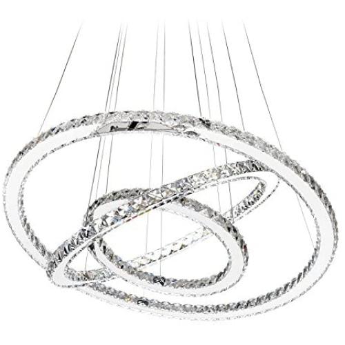 MEEROSEE Crystal Chandeliers Modern LED Ceiling Lights Fixtures Chandelier Lighting Dining Room Pendant Lights Contemporary 3 Rings Adjustable Stainless Steel Cable DIY Design