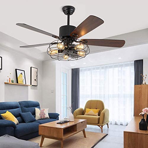 52 Inch Black Retro Industrial Ceiling Fan Chandelier Elegant LED Modern Ceiling Fan with Light Living Room 3 Speed Adjustable 5-Blade Silent Motor Suitable for Living Room Bedroom Kitchen Dining Room