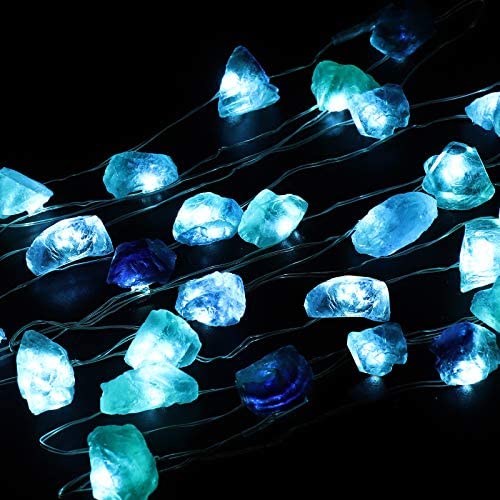 EhomeTronics Decorative String Lights, Natural Fluorite Sea Glass Lights 30 LEDs 10ft Fairy Lights Battery Powered Remote Waterproof Raw Stones for Indoor Outdoor Bedroom Christmas DIY Blue-Green