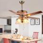 RainierLight Modern Gold Ceiling Fan Remote Control 5 Reversible Metal Blades 5 Frosted Glass Cover for Indoor/Bedroom/Living Room LED Fan Chandelier Mute Fan 52 Inch/Quiet