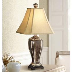 Traditional Rustic Jar Style Table Lamp Decor Desert Crackle Black Gold Taupe Faux Silk Bell Shade for Living Room Bedroom House Bedside Nightstand Home Office Reading Family - Regency Hill