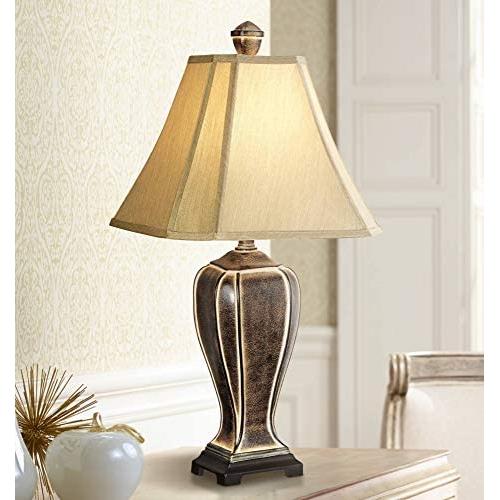 Traditional Rustic Jar Style Table Lamp Decor Desert Crackle Black Gold Taupe Faux Silk Bell Shade for Living Room Bedroom House Bedside Nightstand Home Office Reading Family - Regency Hill