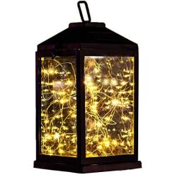 Solar Lantern Lights Metal Sunwind with 30 Warm White LEDs Fairy String Lights Outdoor Decorative Table Lamp (Black-11.4''H)