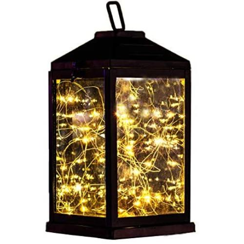 Solar Lantern Lights Metal Sunwind with 30 Warm White LEDs Fairy String Lights Outdoor Decorative Table Lamp (Black-11.4''H)