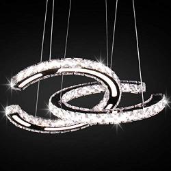 Modern Crystal Chandelier Light Fixtures 2 C Rings LED Pendant Lighting Adjustable Stainless Steel Ceiling Hanging Lamps for Dinning Room Bedroom Kitchen Stairs (Changeable)