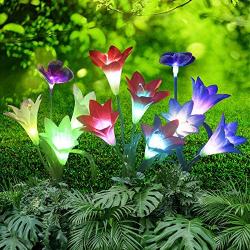 ONM Outdoor Solar Lights – Decorative Led Flowers for Patio and Garden – 3 pcs Solar Lilly Light with Iron Stakes – 12 Multi-Colored Changing Led Lights – Waterproof IP65 Solar Flowers with Butterfly