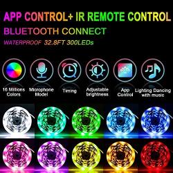 Bluetooth Music LED Strip Lights 32.8ft with App Control,Flexible Adhesive Color Changing RGB LED Lights Strips,300LEDs 5050 Multicolor Neon Mood Bar Lights,LED Tape Lights for Bedroom Room Home Decor