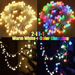 Abkshine 2 in 1 Warm White Color Changing LED Outdoor String Lights, Battery Operated Globe Fairy Lights with Remote, Multicolored Patio Umbrella Lights(Waterproof,33ft 100leds)