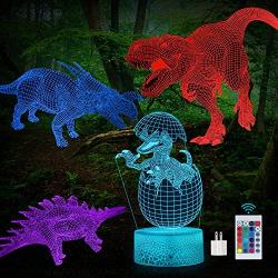 3D Dinosaur Night Light, 3D Illusion Lamp Nightlight 4-Pattern and 16-Colors with Remote Control, Best Birthday Christmas Toy Gifts for Boys Girls