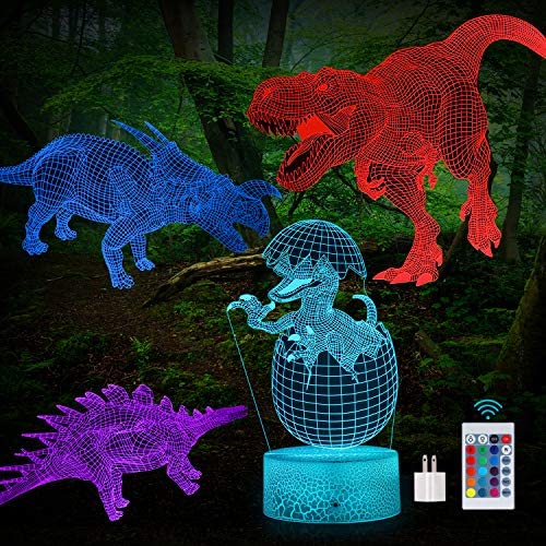3D Dinosaur Night Light, 3D Illusion Lamp Nightlight 4-Pattern and 16-Colors with Remote Control, Best Birthday Christmas Toy Gifts for Boys Girls