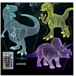 3D Dinosaur Night Light - 3D Illusion Lamp Three Pattern and 7 Color Change Decor Lamp with Remote Control for Kids, Dinosaur Gifts for Boys