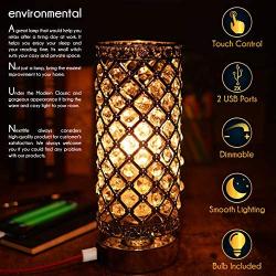 Crystal Table Lamp AC, Dual 2 USB Charging Port , Touch Control, 3-Way Dimmable, Decorative Bedside Desk Living Room Bedroom , Yellow LED Included, Modern Sliver Touchable Shade Night Light