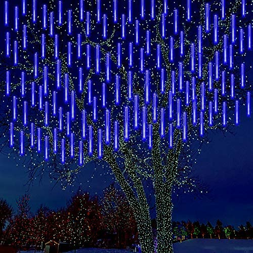 Kwaiffeo Falling Rain Lights Meteor Shower Lights, Christmas Lights Outdoor 12 inch 8 Tube 192 LED Cascading Icicle String Lights for Christmas Tree Halloween Decoration Wedding Party Holiday, Blue