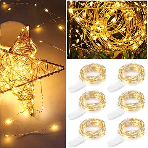 6 Pack LED Fairy String Lights Battery Operated, 6.9ft 20 LEDs Waterproof Silvery Copper Wire Lights, Flexible Firefly Starry Christmas Lights for Bedroom Wedding Party Mason Jar (Warm White)