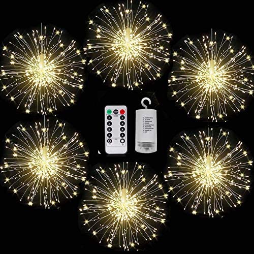 6 Pack Firework Lights led Copper Wire Starburst String Lights 8 Modes Battery Operated Fairy Lights with Remote,Decorative Hanging Lights for Party Patio Bedroom Christmas Decoration (Warm White)