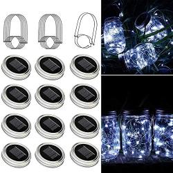 SunKite Solar Mason Jar Lights, 12 Pack 30 LED Waterproof Fairy Firefly Jar Lids String Lights with Hangers(NO Jars), Patio Yard Garden Wedding Decoration - Cool White