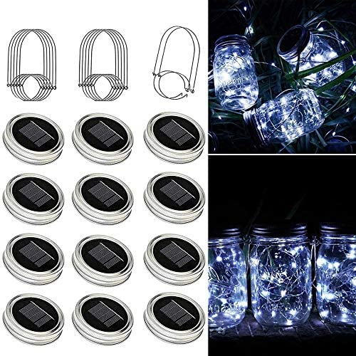 SunKite Solar Mason Jar Lights, 12 Pack 30 LED Waterproof Fairy Firefly Jar Lids String Lights with Hangers(NO Jars), Patio Yard Garden Wedding Decoration - Cool White