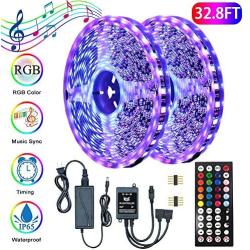 YUNBO LED Strip Light Music Sync Color Changing RGB Kit, 32.8ft SMD5050 600LEDs Black PCB Board Waterproof LED Tape Light with 44key IR Remote Control and 12V 6A Power Supply for Bedroom Kitchen Party