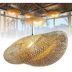 TFCFL Antique Lantern Pendant Lighting Rattan Single Light Weaving Natural Wooden Ceiling Hanging Fixture with Adjustable Dining Living Room Restaurant E27 (60cm/23.62'' Diameter)