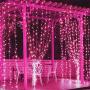 Window Curtain Lights, 8 Lighting Modes, Fairy String Lights, Remote Control USB Powered Waterproof Icicle Lights With Timer, Indoor Outdoor Decorative for Bedroom, Party, Wedding (Pink)