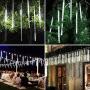 JMEXSUSS Christmas Lights Meteor Shower Rain Lights Solar Powered Meteor Shower Lights 30cm 8 Tube 144 LEDs, Meteor Lights Led Falling Rain Light for Xmas Tree Weeding Party(White)