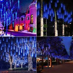 Meteor Shower Christmas Icicle Lights Outdoor, 11.8 Inches 8 Tubes 192 Led Snowfall Lights Connectable, Waterproof Hanging Falling Rain Lights for Tree Bushes Holiday Party Christmas Decorations, Blue