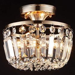 MonDaufie Gold Crystal Chandelier Semi Flush Mount Ceiling Light Fixture Crystal Ceiling Light for Bedroom Living Room Hallway Closet, H8.66xD9.25