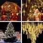 Solar Meteor Shower Rain Lights, 144LED 8 Tubes Romantic Falling Rain Drop Christmas Lights for Wedding Party Christmas Patio Outdoor Decoration (Warm White)