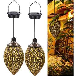 2 Pcs Hanging Solar Lights Solar-Powered Lantern LED Garden Lights Metal Lamp Waterproof for Outdoor Hanging Decor