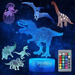 Dinosaur Night Light for Kids, 3D Dinosaur Toys (5 Patterns) Dimmable with Remote Control & 16 Colors Changing & Smart Touch, Rechargeable Bedside Nursery Lamp, Christmas Birthday Gifts for Boy Girl