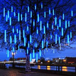 Meteor Shower Christmas Icicle Lights Outdoor, 11.8 Inches 8 Tubes 192 Led Snowfall Lights Connectable, Waterproof Hanging Falling Rain Lights for Tree Bushes Holiday Party Christmas Decorations, Blue