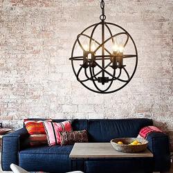 Metal Round Cage Pendant Lights - BAYCHEER Industrial Vintage Retro Black Iron Global Pendant Lamp Fixture Hanging Lighting Chandelier with 4 E12 Blub Bases for Restaurant,Bar,Living Room,UL Listed