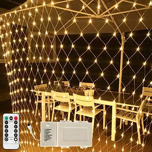 Net Lights Outdoor Mesh Lights with Remote,9.8ft x 6.6ft 200 LED Tree-wrap Lights,Party Background Light,8 Modes Dimmable String Lights for Christmas Halloween Brush-Powered by 3x D Battery,Warm White