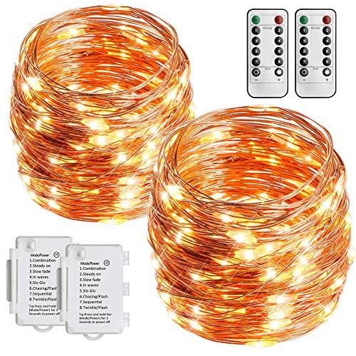 STARKER 2 Pack Battery Operated String Lights 36 Foot 100 LEDs Outdoor Fairy Lights 8 Mode Waterproof Copper Wire Twinkle Lights Bedroom, Yard, Party, Wedding (Remote Control Timer)