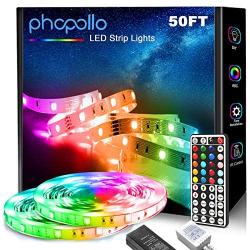 Phopollo LED Strip Lights, 50ft 5050 Flexible LED Lights with 44 Key IR Remote Controller and 12V Power Supply for Bedroom