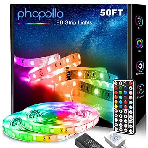 Phopollo LED Strip Lights, 50ft 5050 Flexible LED Lights with 44 Key IR Remote Controller and 12V Power Supply for Bedroom