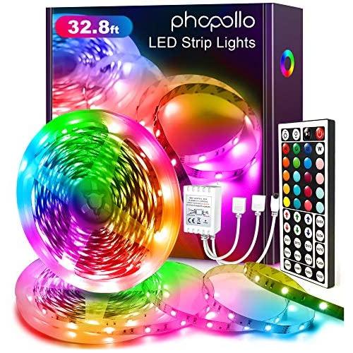Phopollo Led Strip Lights Color Changing 32.8ft Flexible 5050 RGB Led Lights Kit with 12v Power Supply and 44 Key Ir Remote Controller