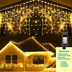 KNONEW LED Icicle Lights, 400 LEDs, 32ft, 8 Modes, Curtain Fairy Light with 75 Drops, Clear Wire LED String Decor for Christmas/Thanksgiving/Easter/Halloween/Party Backdrops Decorations (Warm White)